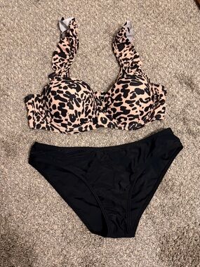 Leopard Print Bikini Top with Black Bottoms
